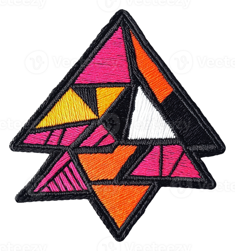 Colorful geometric patch with vibrant triangles, cut out - stock . png