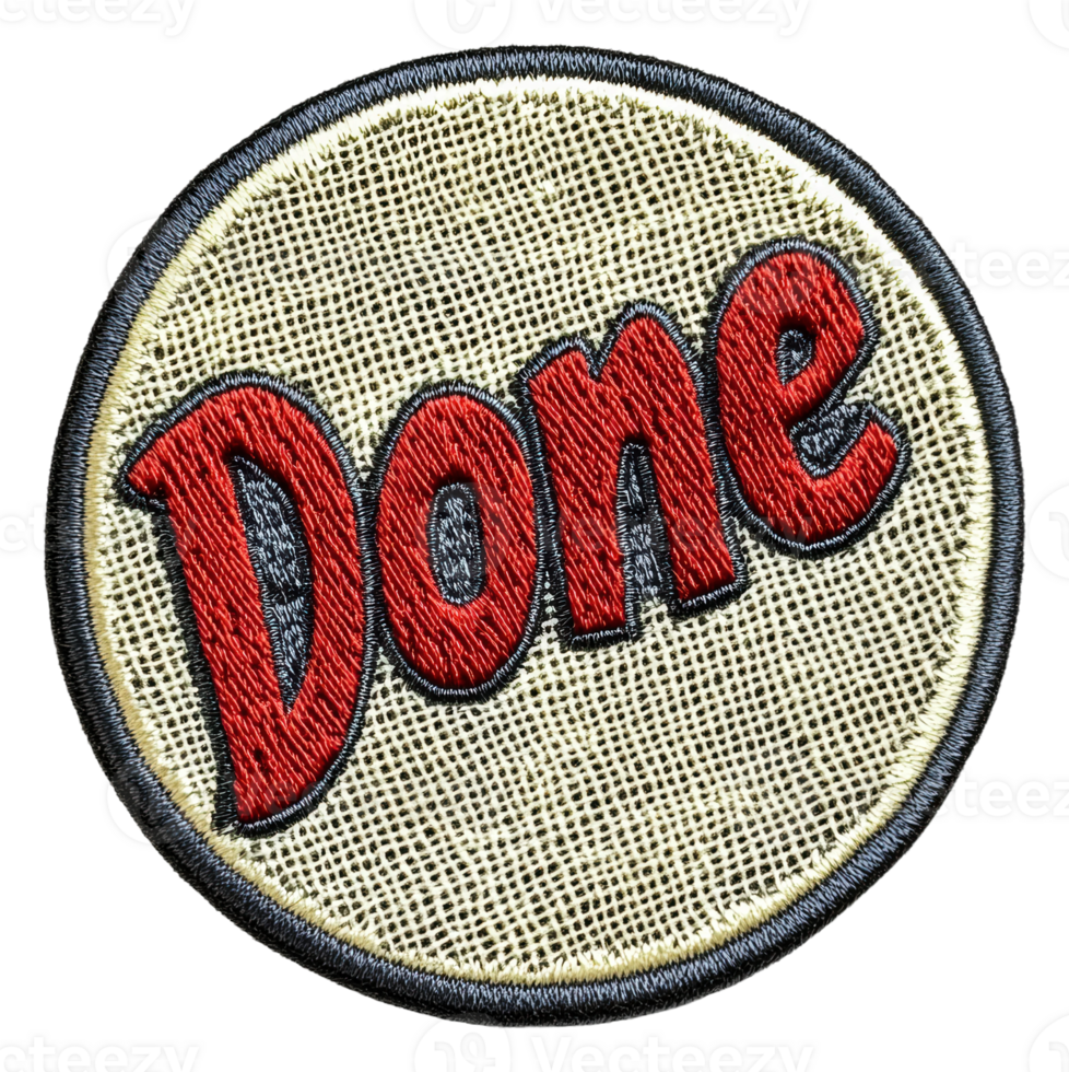 Patch with the word Done in bold red lettering, cut out - stock . png