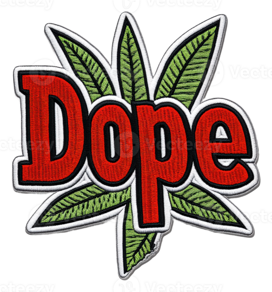 Colorful patch featuring the word Dope with leaves, cut out - stock . png