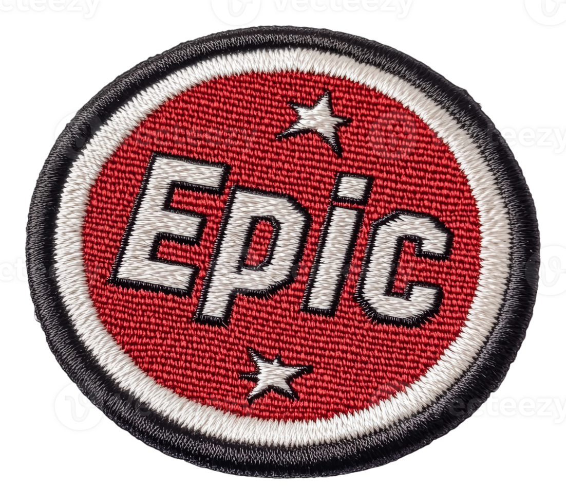Epic embroidered patch in vibrant colors, cut out - stock . png