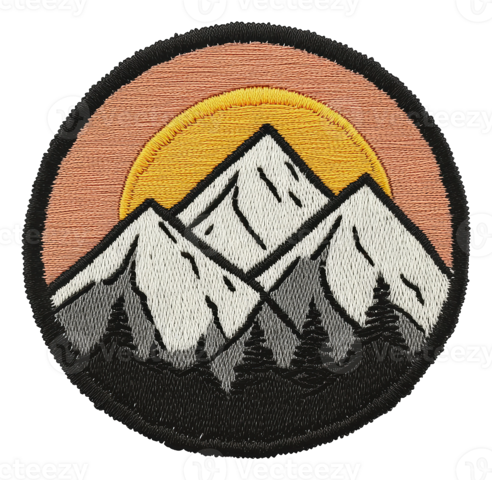 Mountain patch with sunrise and forest details, cut out - stock . png