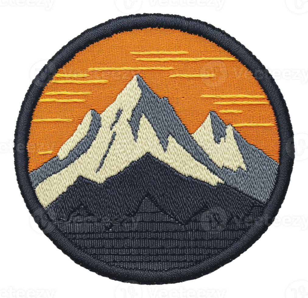 Vibrant sunset mountain patch design, cut out - stock . png
