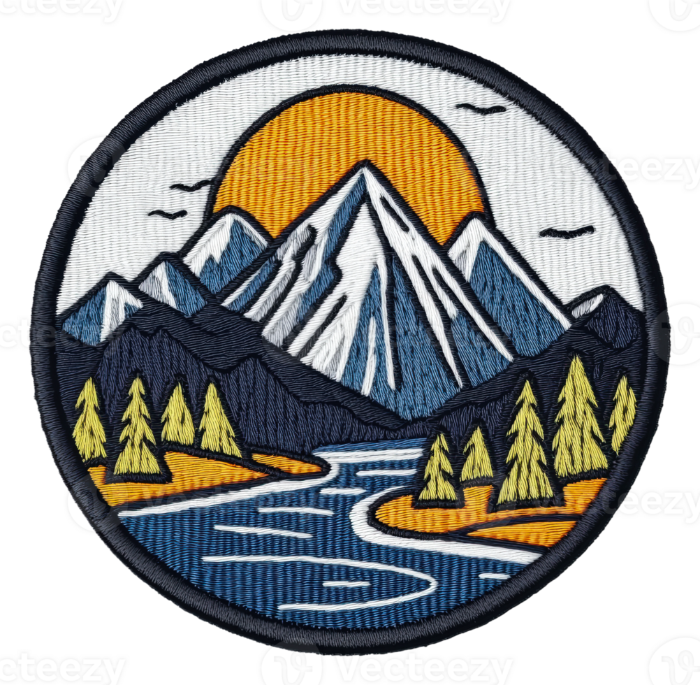 Mountain scene with river and sun emblem, cut out - stock . png
