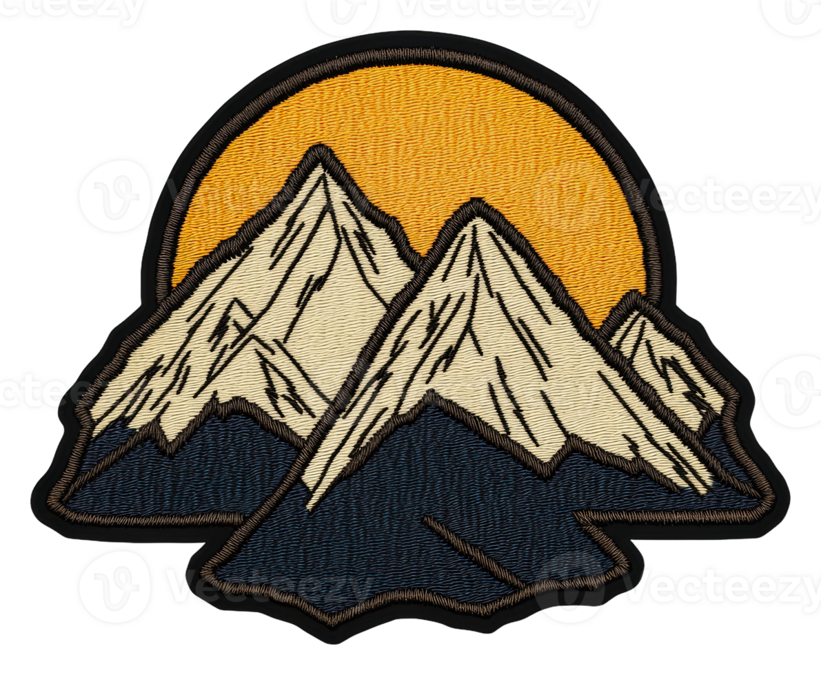Mountain embroidery patch with sun backdrop design, cut out - stock . png