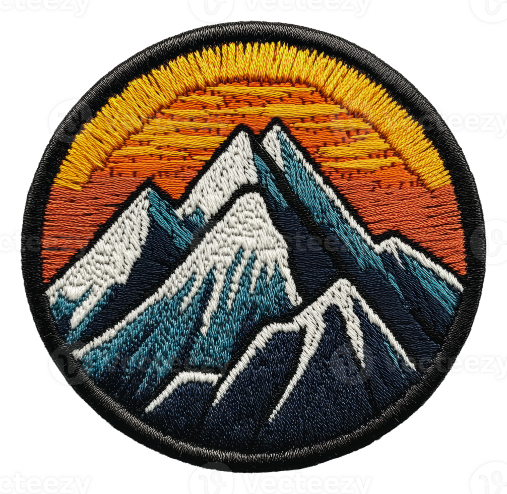 Embroidery patch of mountains during sunset, cut out - stock . png