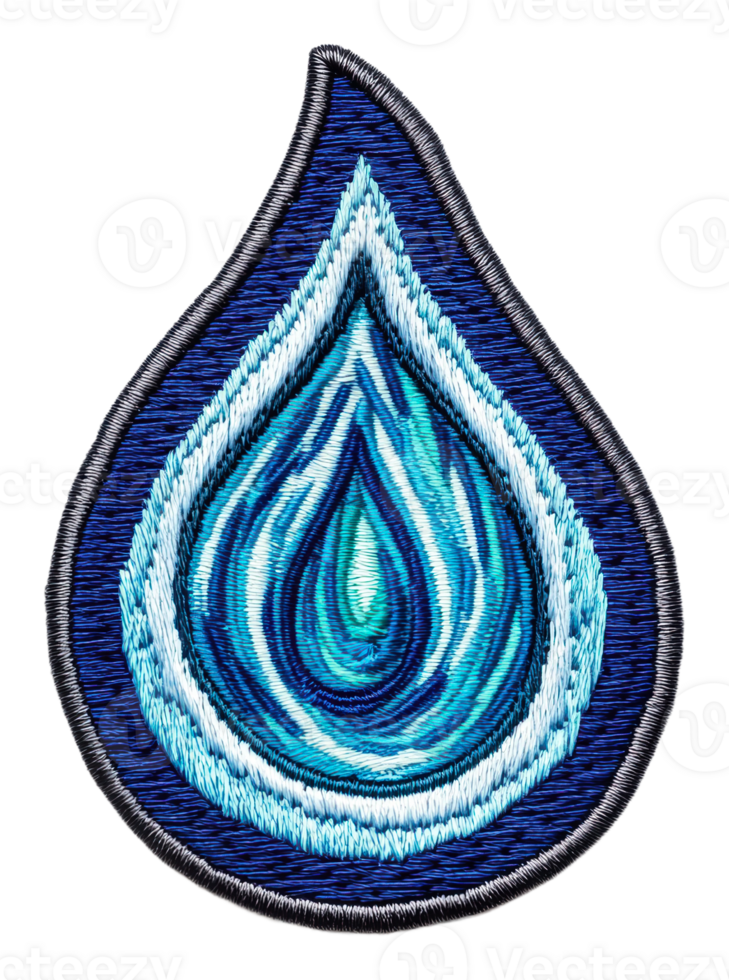 Embroidered blue water drop design on a patch, cut out - stock . png