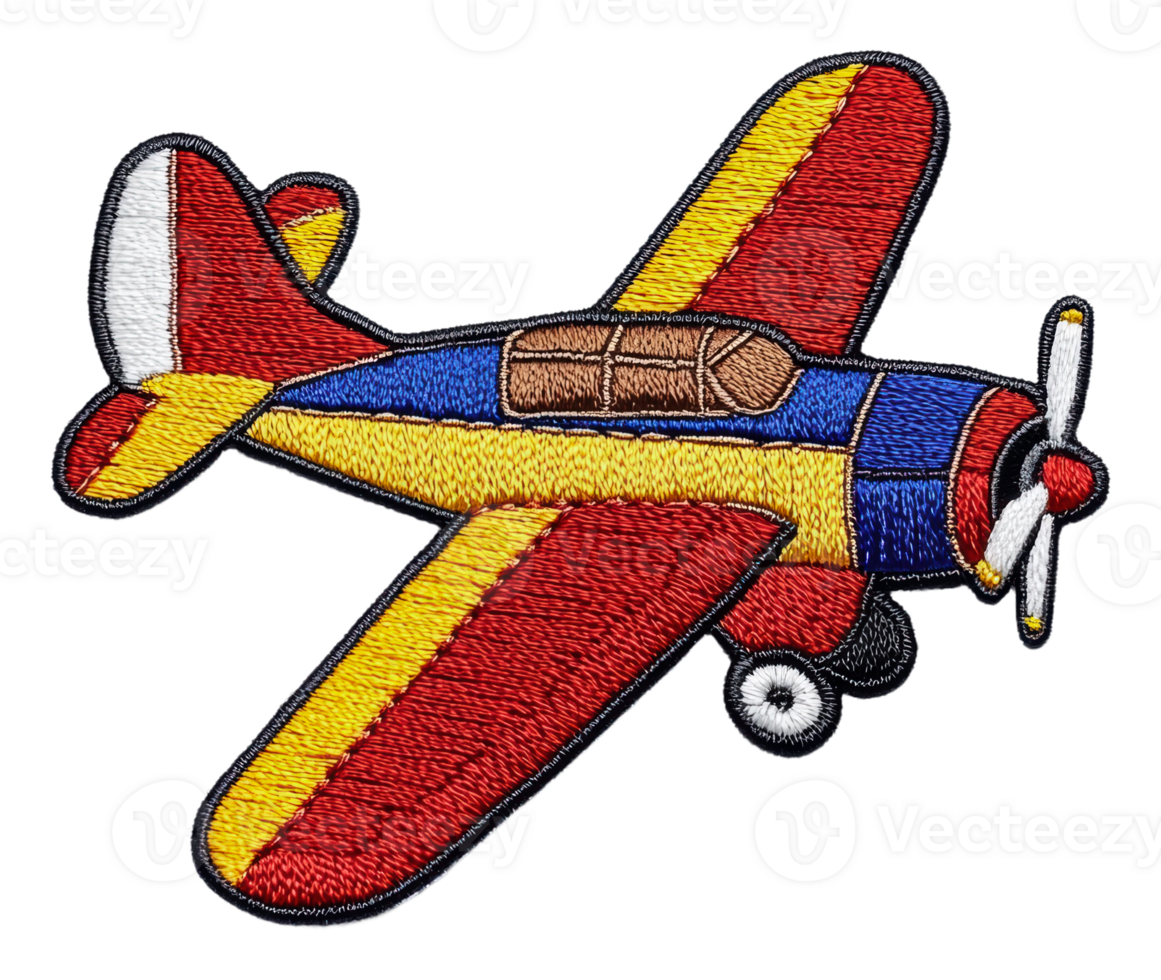 Colorful embroidered biplane flying over a field, cut out - stock . png