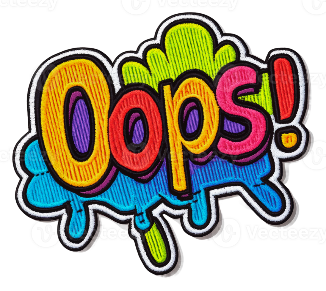 Bright 'Oops' embroidered patch, cut out - stock . png