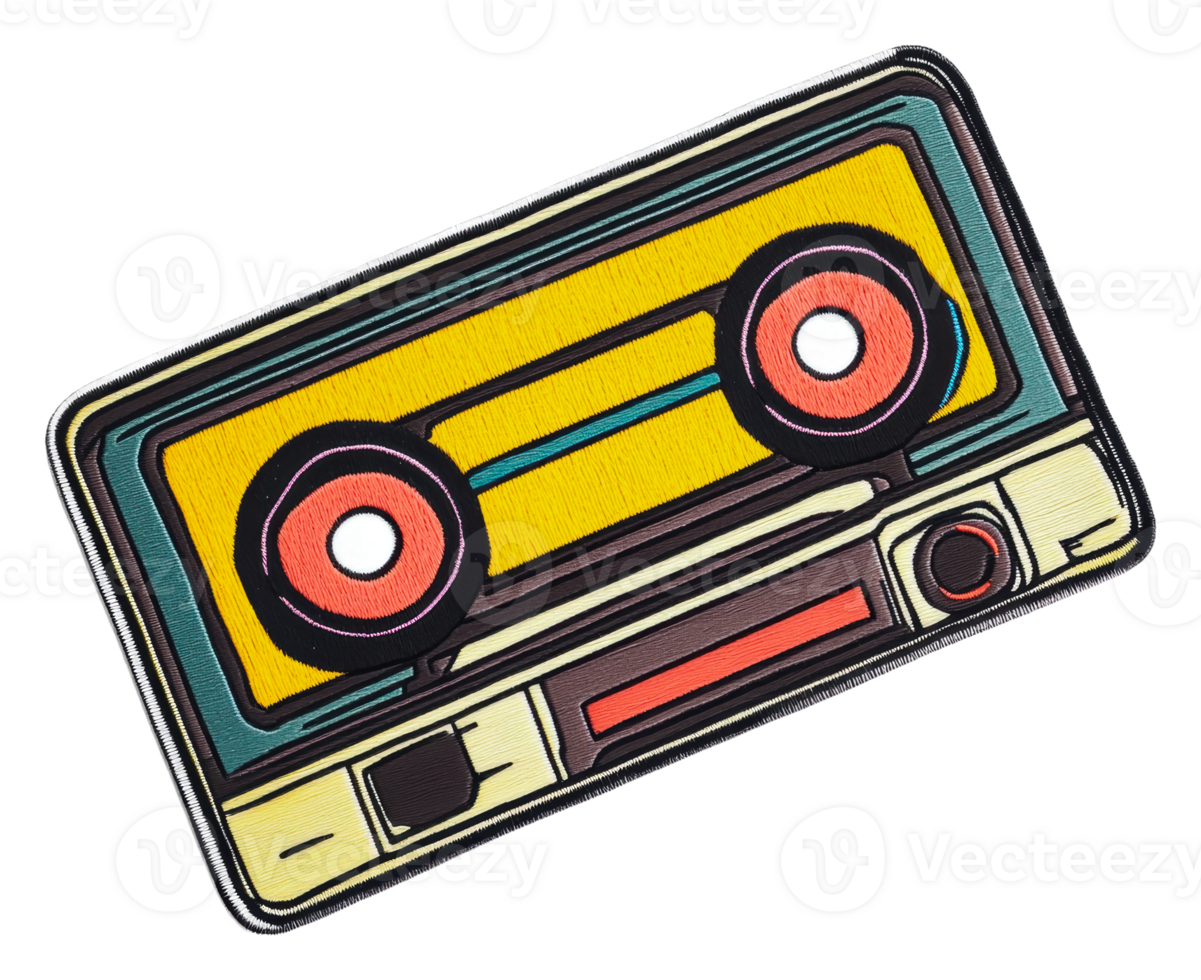 Colorful retro cassette tape patch on display, cut out - stock . png