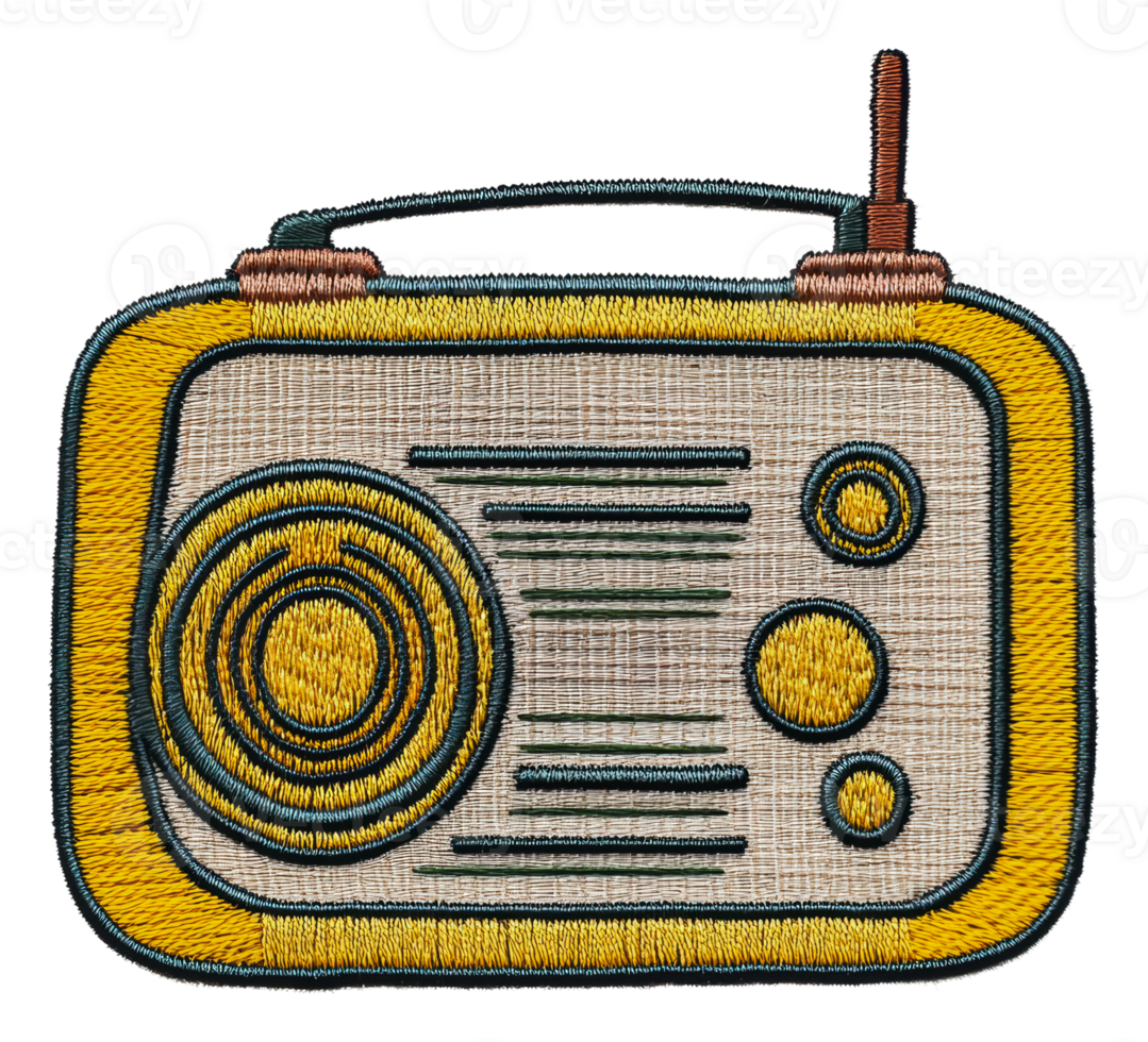 Vintage radio embroidery design on fabric, cut out - stock . png
