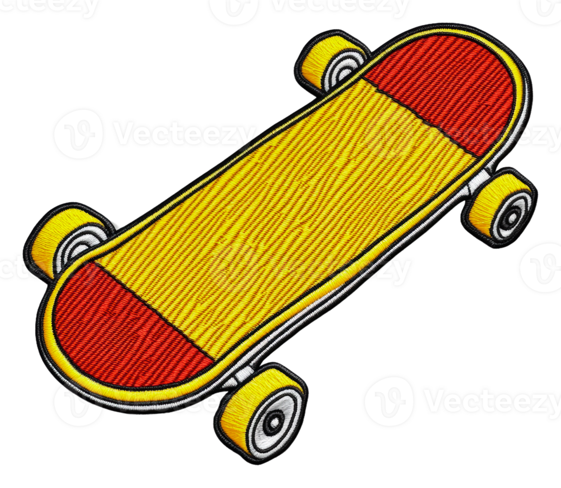 Vibrant skateboard with yellow wheels and red deck, cut out - stock . png