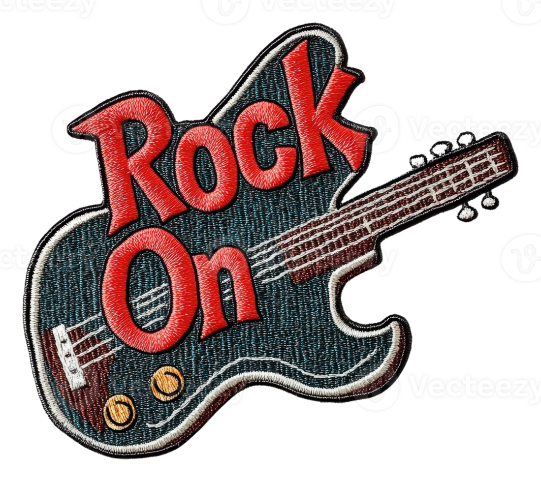 Rock on patch featuring electric guitar design, cut out - stock . png