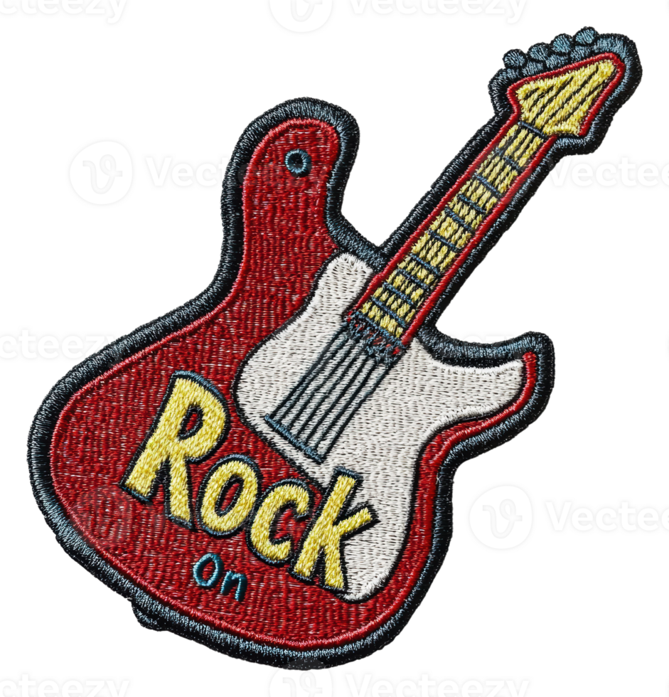 Embroidered patch of a guitar with rock on text, cut out - stock . png