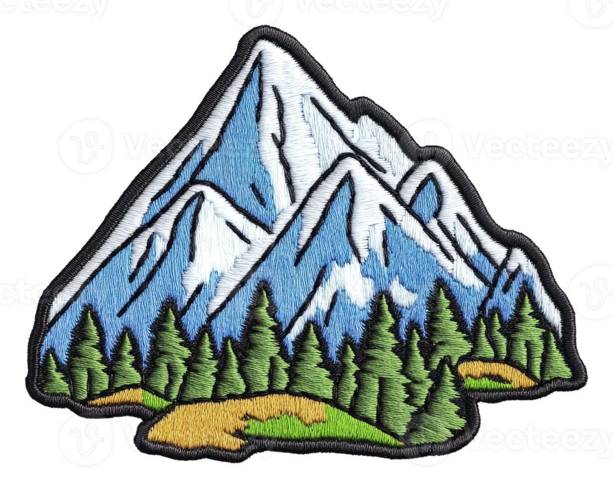 Vibrant mountain scene with snow and trees, cut out - stock . png