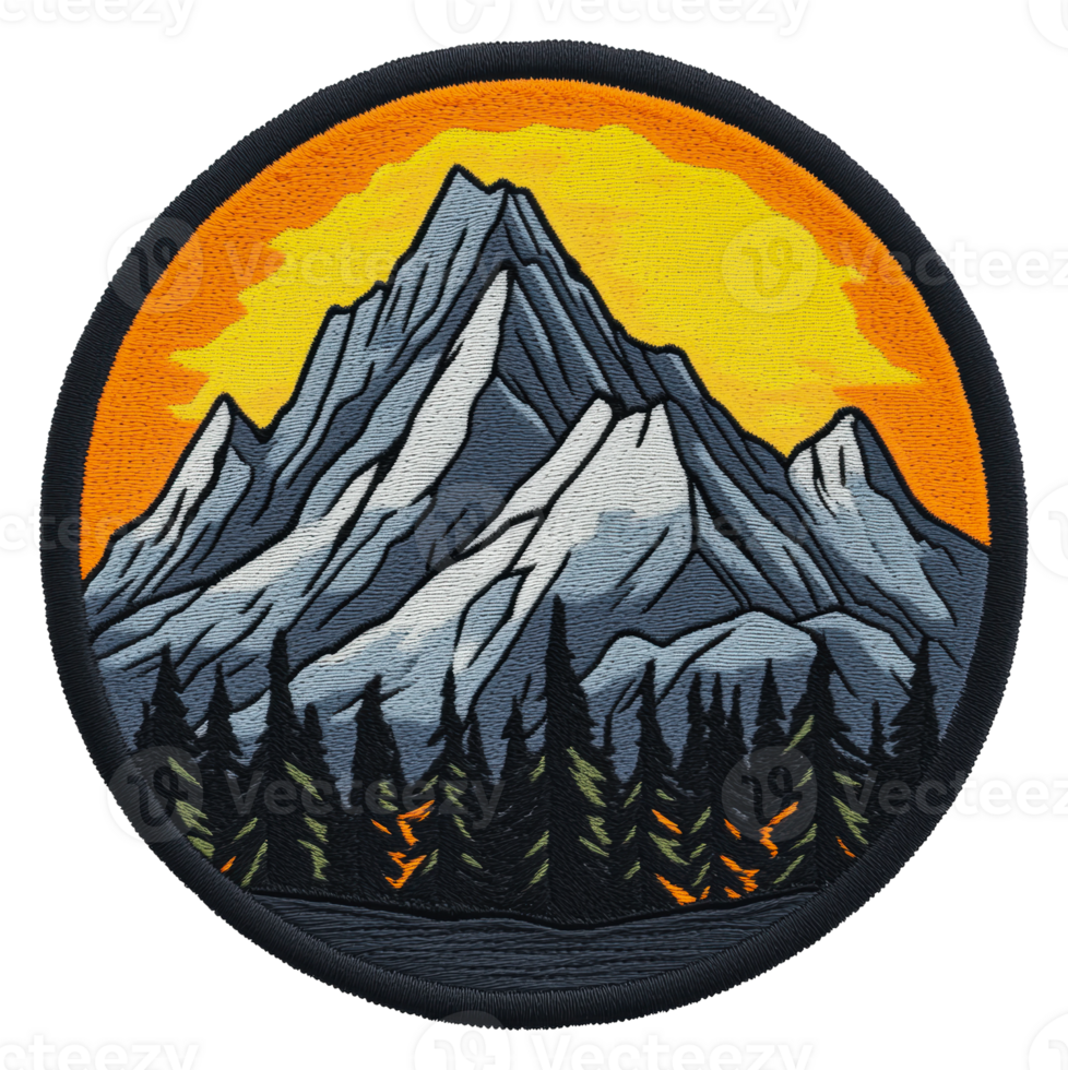 Sunset over mountains and pine trees, cut out - stock . png
