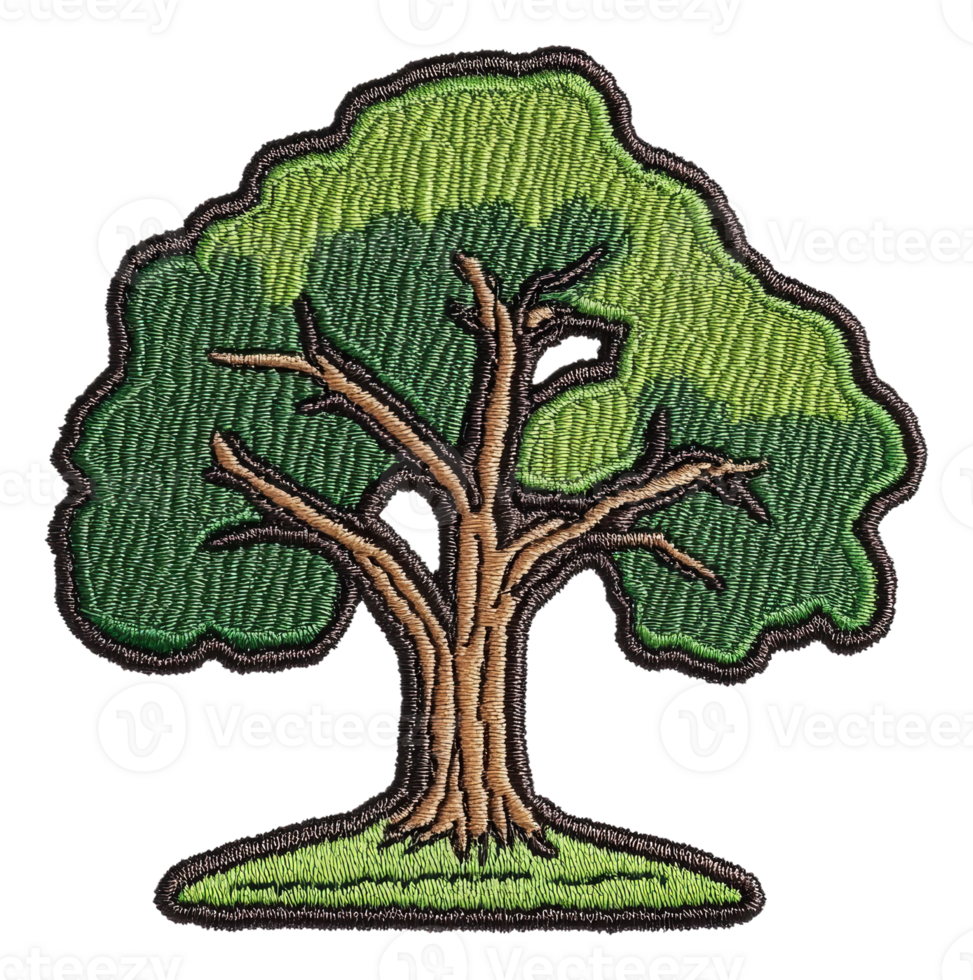 Tree embroidery design with green foliage and bark, cut out - stock . png