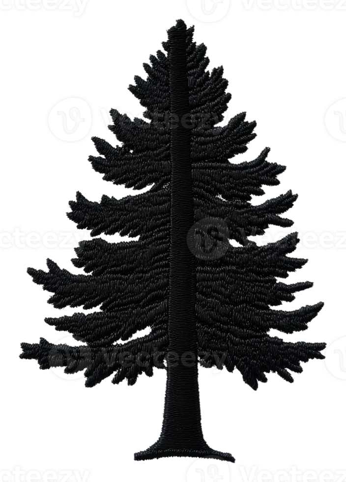 Black embroidered tree design on fabric background, cut out - stock . png