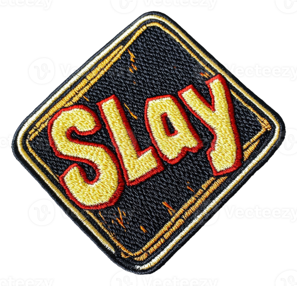 Colorful embroidered patch featuring the word slay, cut out - stock . png