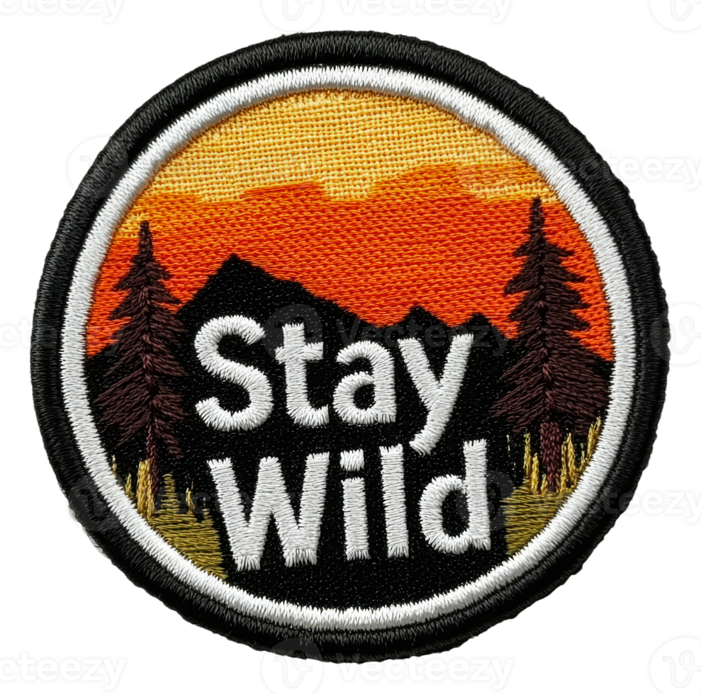 Embroidered patch featuring a sunset and mountains, cut out - stock . png
