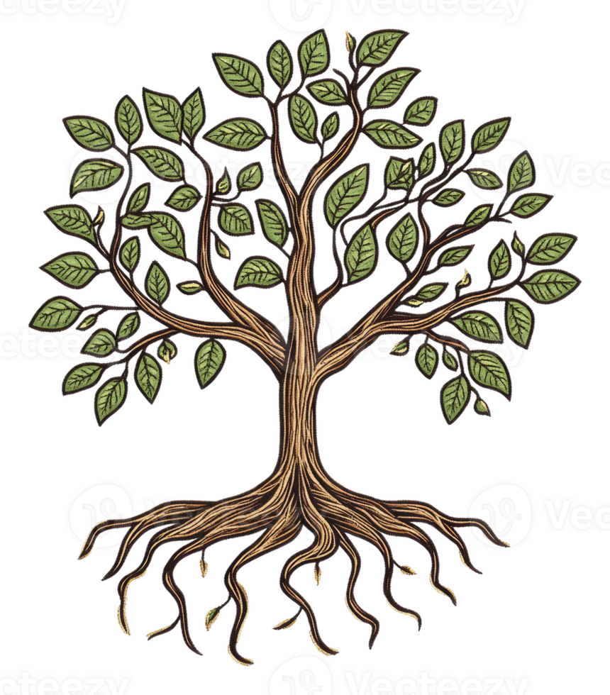 Detailed illustration of a vibrant tree with roots, cut out - stock . png