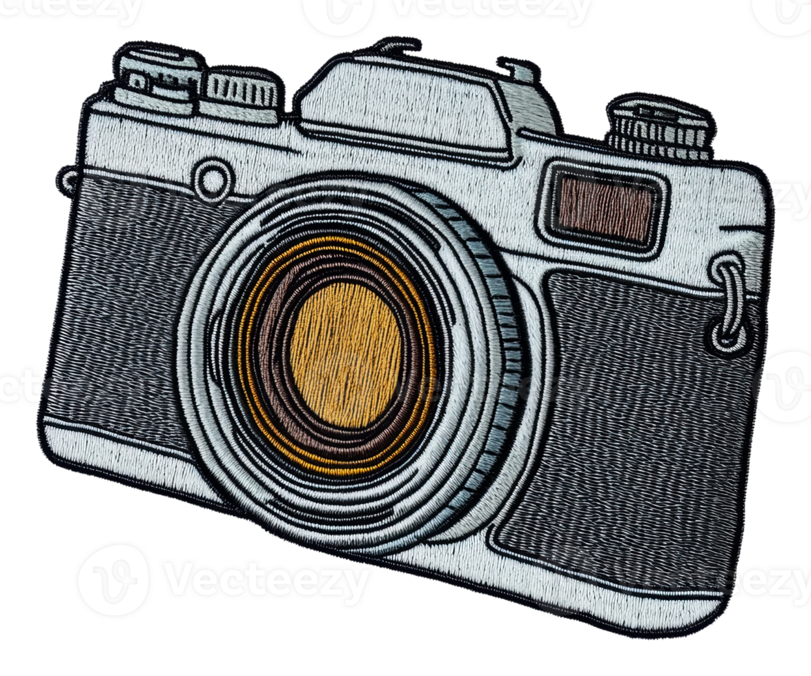 Vintage camera with detailed stitching, cut out - stock . png