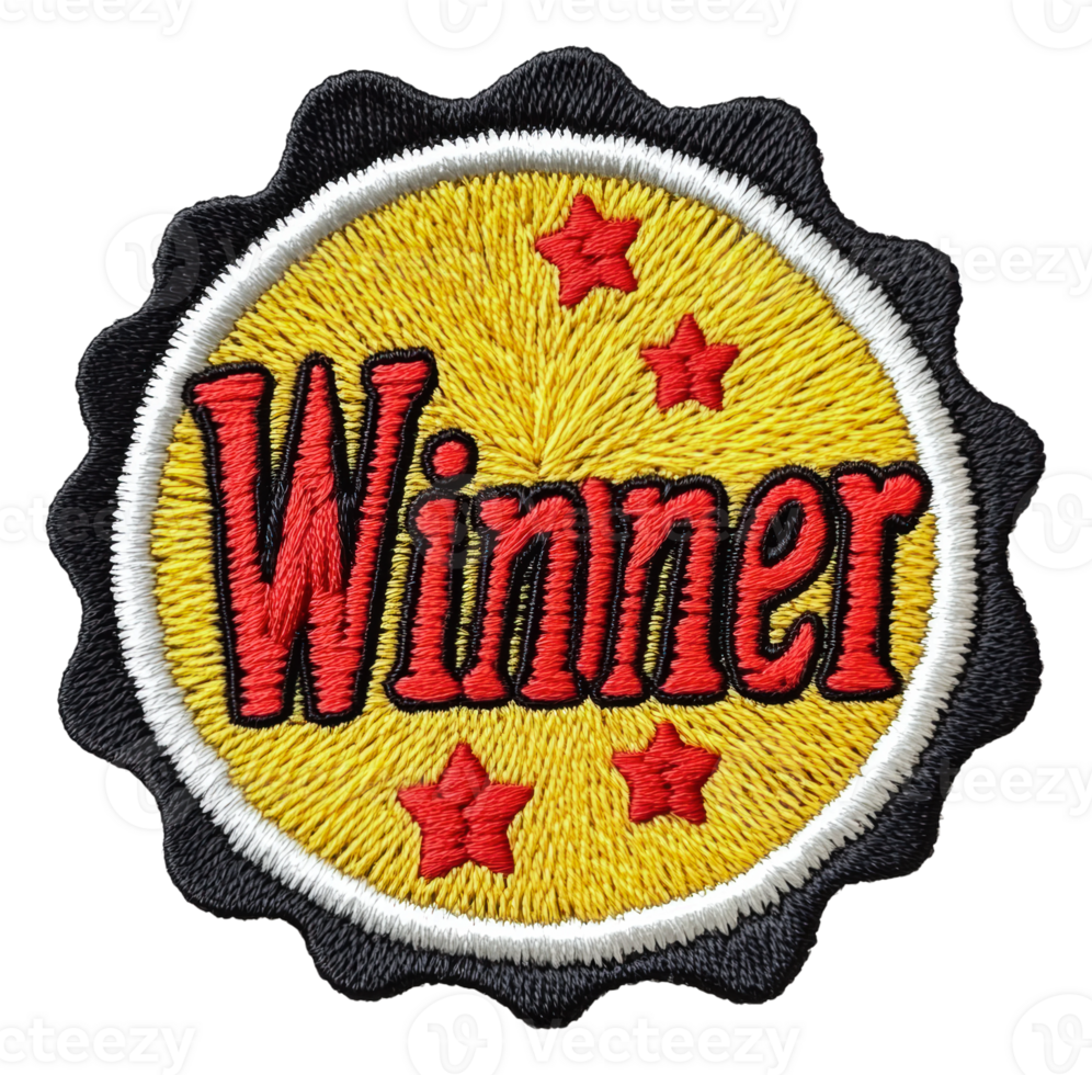 Yellow winner badge with red text, cut out - stock . png