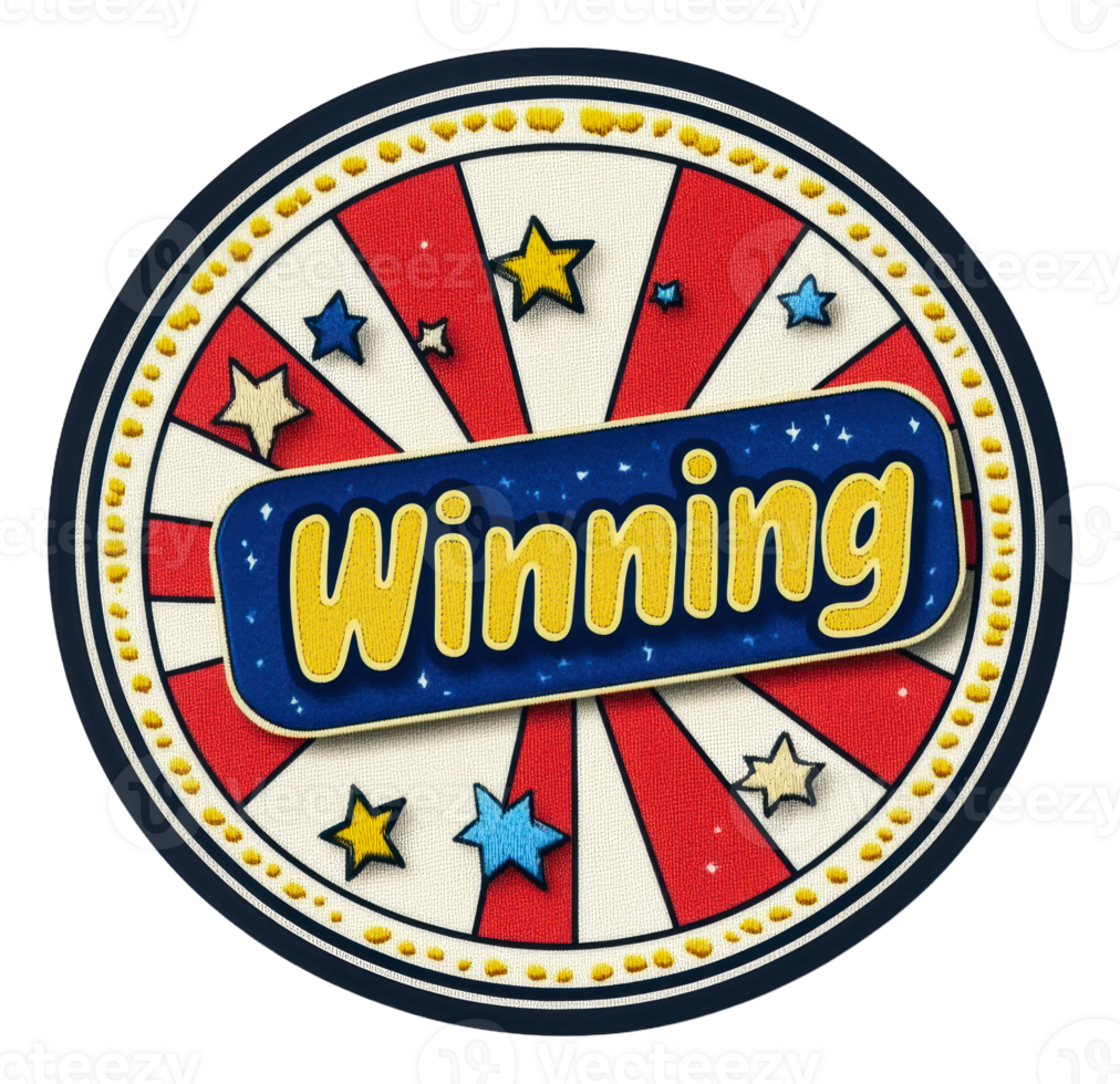 Colorful badge with winning design featuring stars, cut out - stock . png