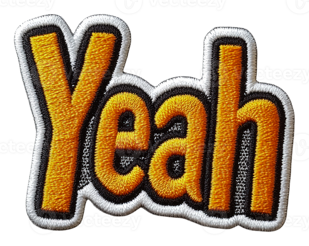 Colorful embroidered patch featuring the word Yeah, cut out - stock . png