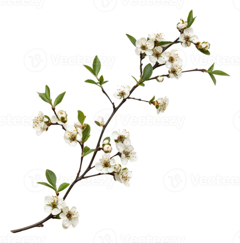 Delicate white blooms on a spring branch, cut out - stock . png