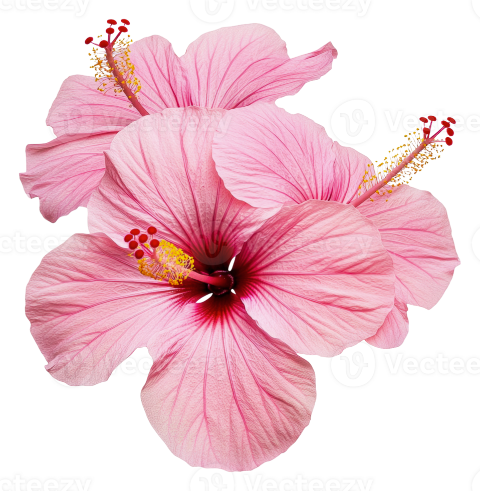 Pink hibiscus flowers bloom in sunlight, cut out - stock . png