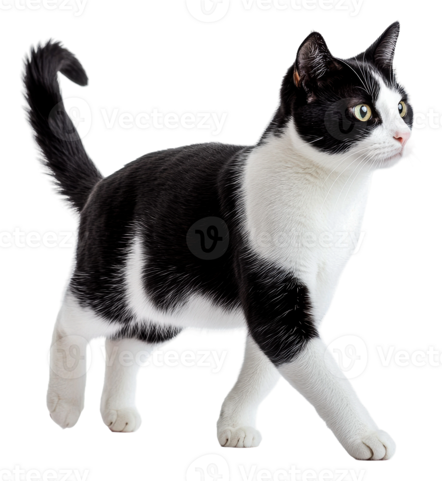 Black and white cat walking gracefully indoors, cut out - stock . png
