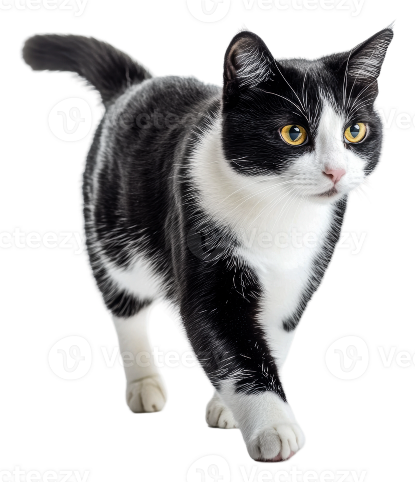 Black and white cat walks gracefully, cut out - stock . png