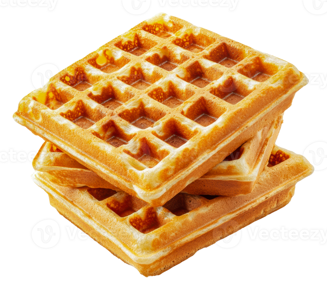 Delicious golden waffles stacked on a white plate, cut out - stock . png