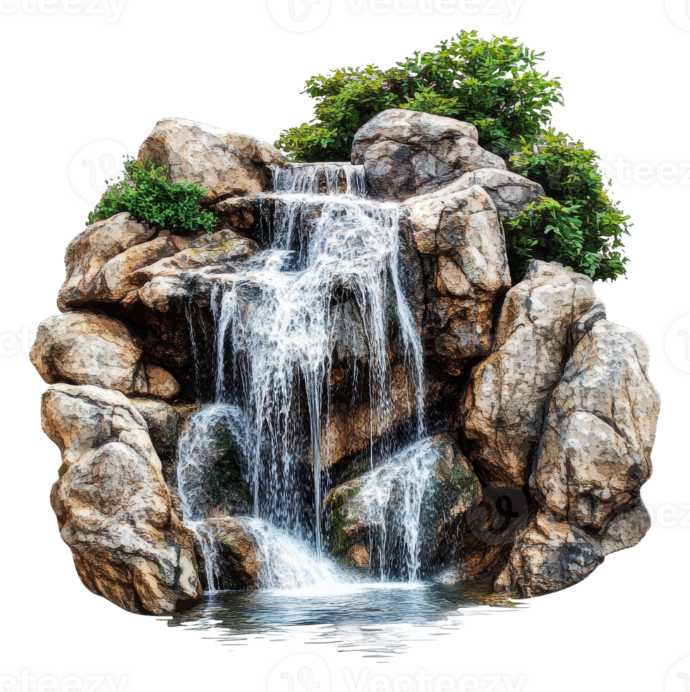 Natural waterfall flowing over rocks with greenery, cut out - stock . png