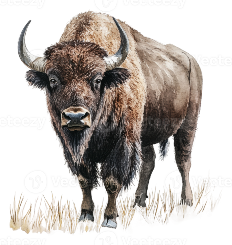 Bison standing in a grassy field during daylight, cut out - stock . png