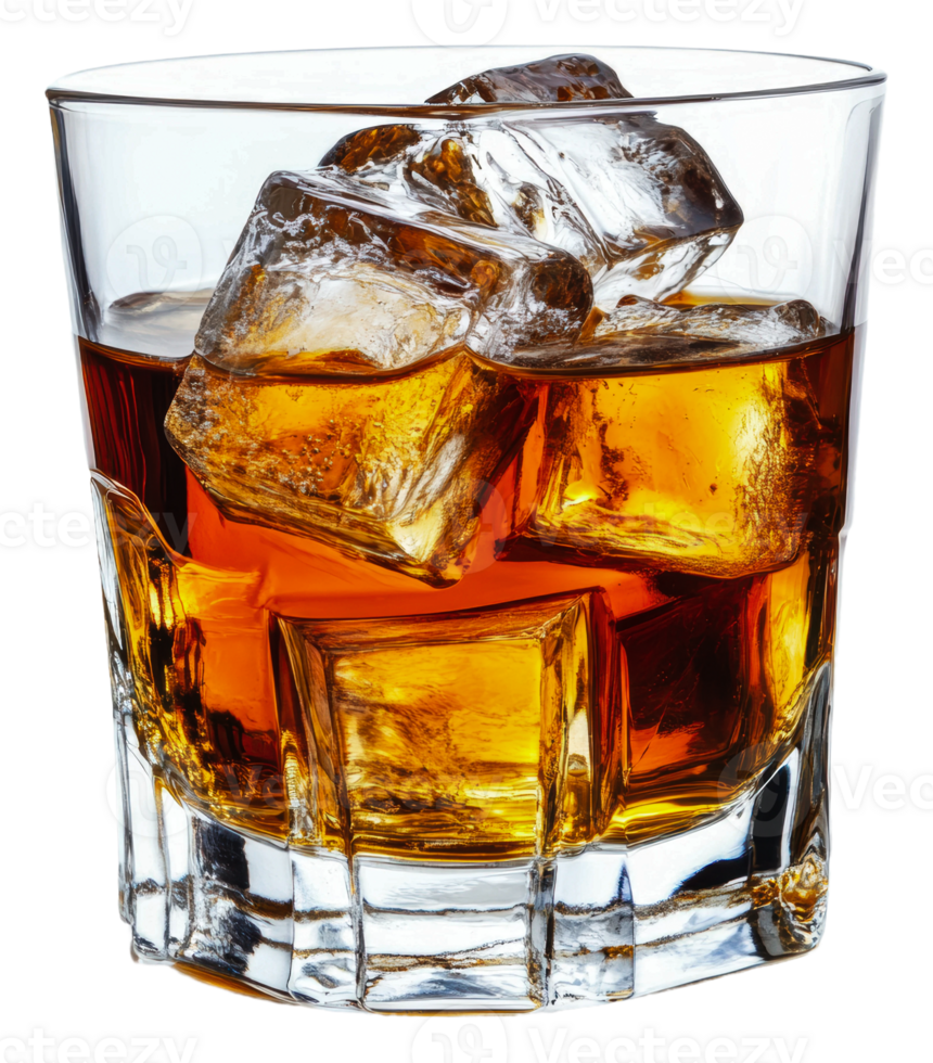 Glass of whiskey with ice cubes on a wooden bar, cut out - stock . png