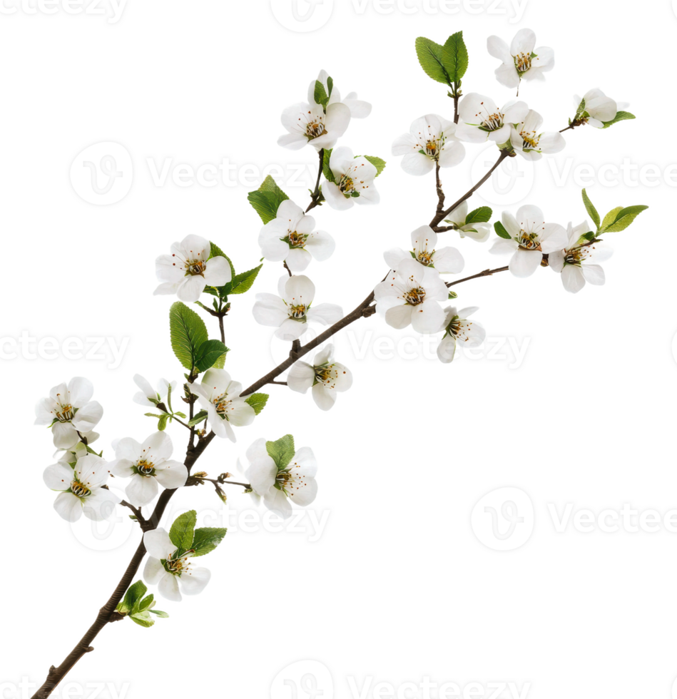 White flowering branch with green leaves in spring, cut out - stock . png