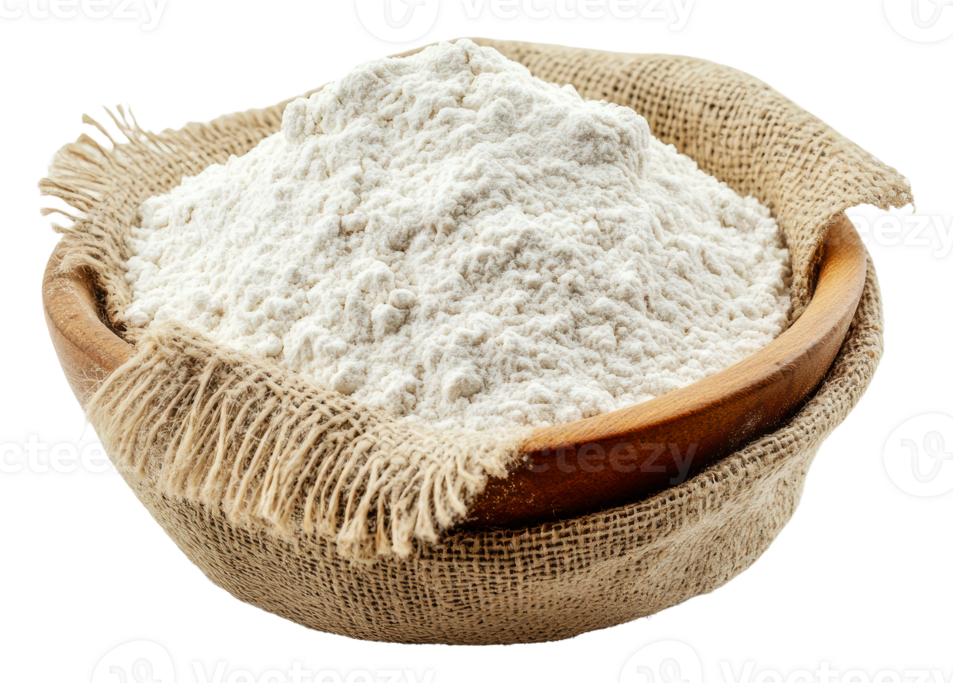 Flour in a wooden bowl on a burlap cloth, cut out - stock . png