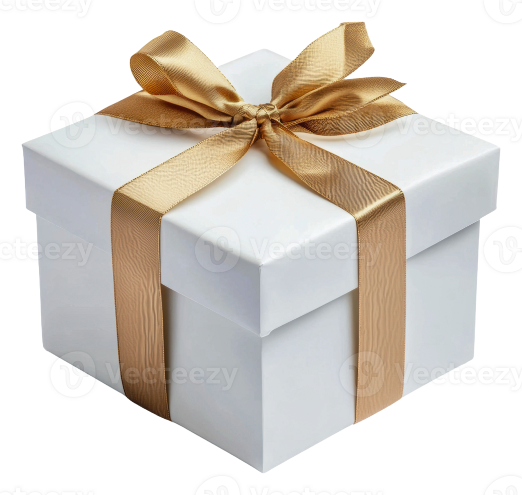 White gift box with golden ribbon, cut out - stock . png
