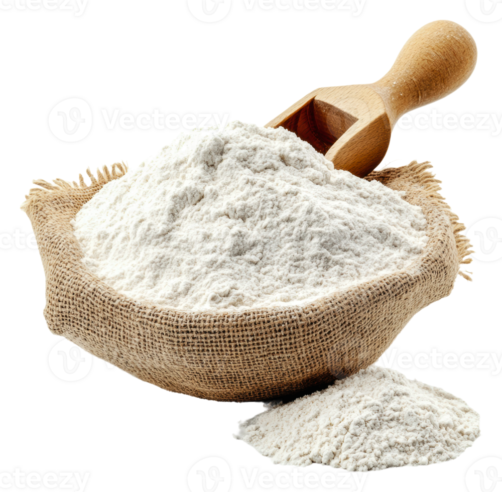 White flour in a burlap sack with wooden scoop, cut out - stock . png