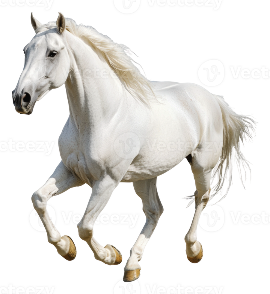 Majestic white horse galloping in open field, cut out - stock . png