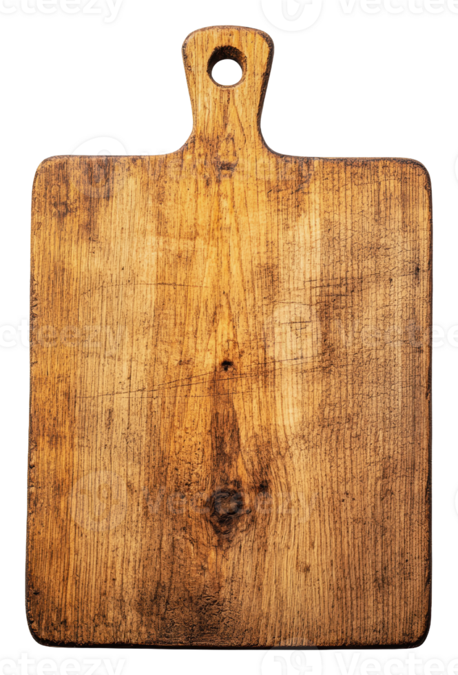 Rustic wooden cutting board on white background, cut out - stock . png