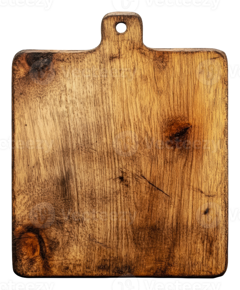 Wooden cutting board with rustic texture and grain, cut out - stock . png