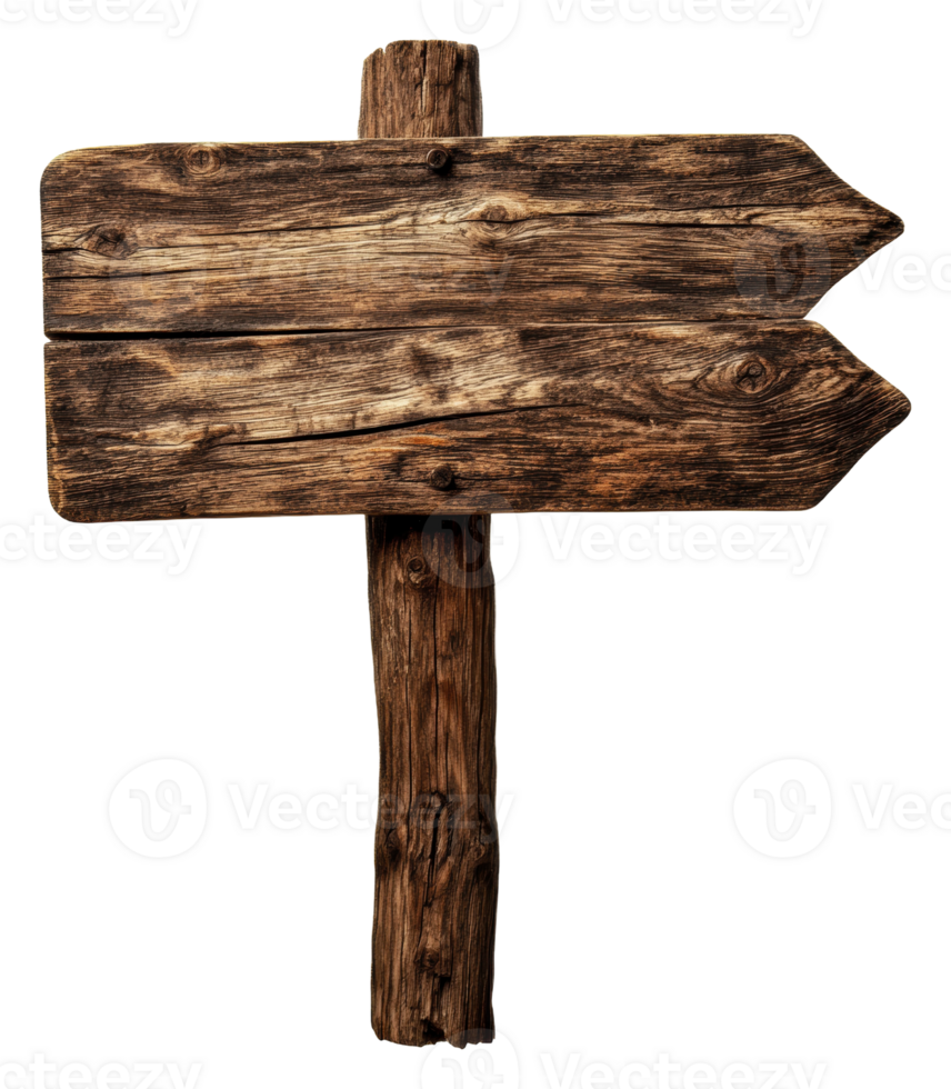 Rustic wooden directional sign on a weathered pole, cut out - stock . png