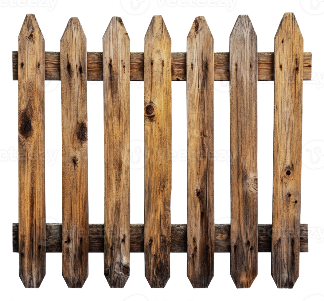 Wooden picket fence panel in a rustic style, cut out - stock . png