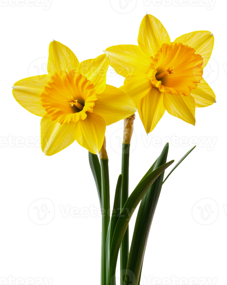 Bright yellow daffodils blooming in early spring, cut out - stock . png