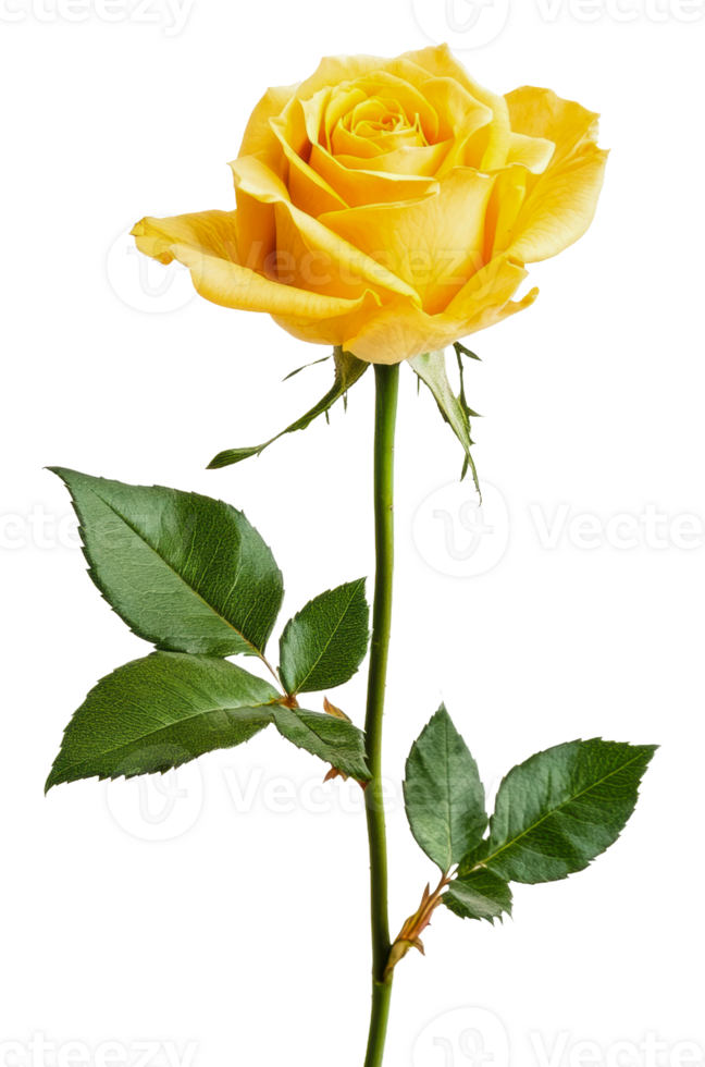 Yellow rose with green leaves on white, cut out - stock . png