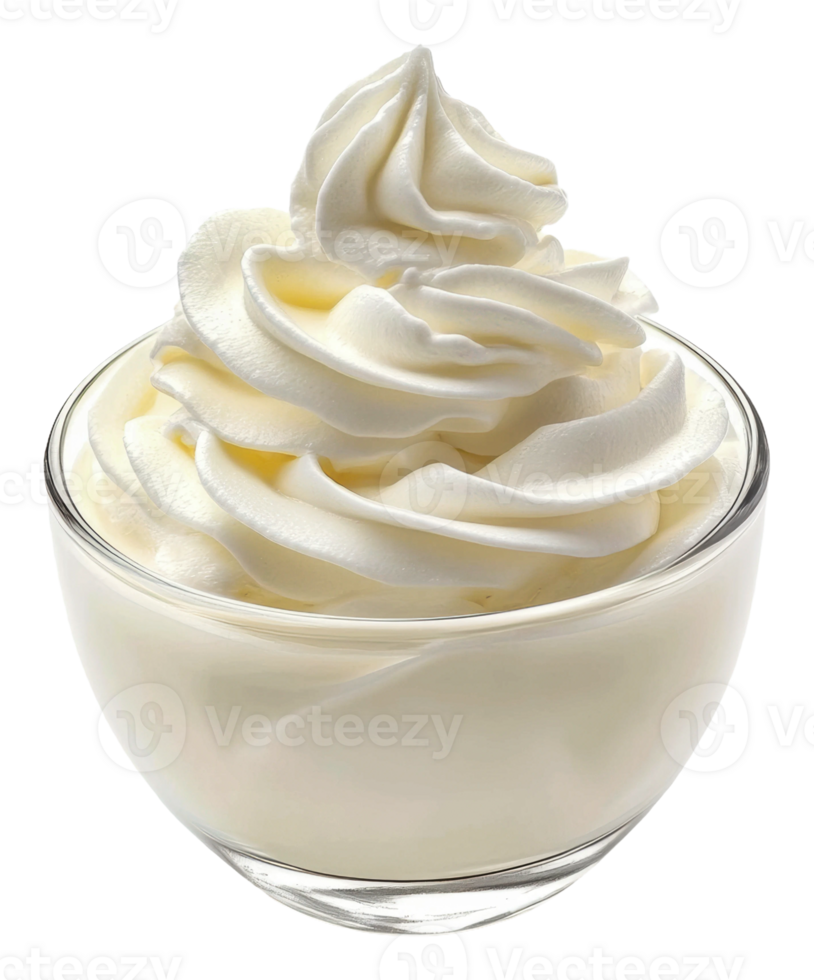Creamy whipped topping in a glass bowl on display, cut out - stock . png
