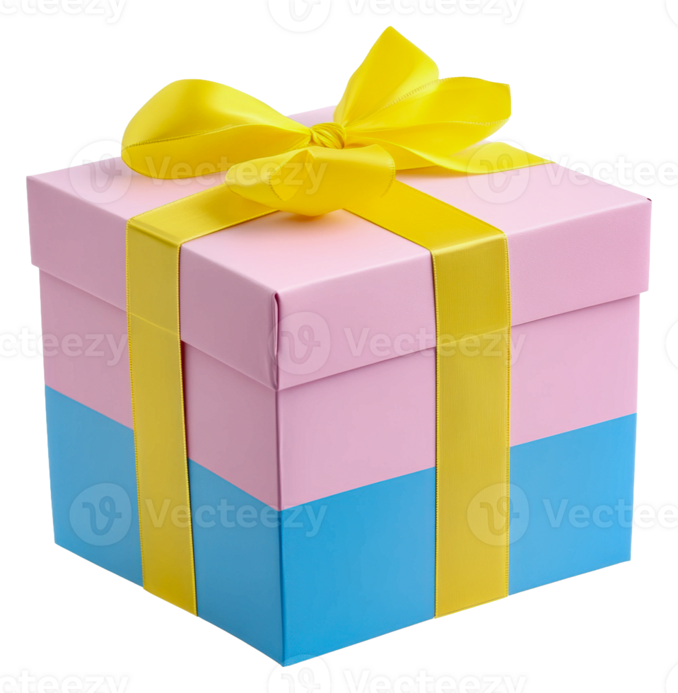 Colorful gift box wrapped with a yellow ribbon, cut out - stock . png