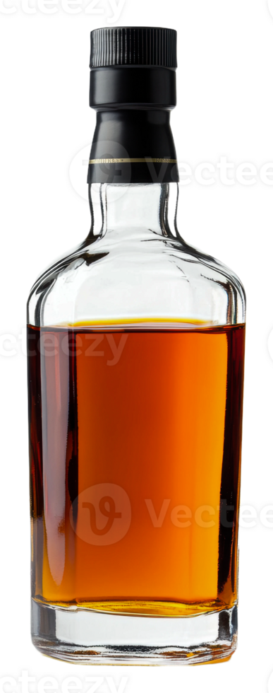 Glass bottle of amber liquor in well-lit setting, cut out - stock . png